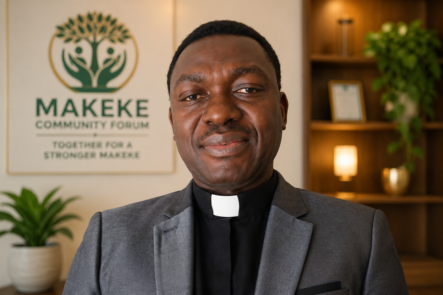 Portrait of Ven. Shola Ogbedebi in clerical collar at the Makeke Community Forum office